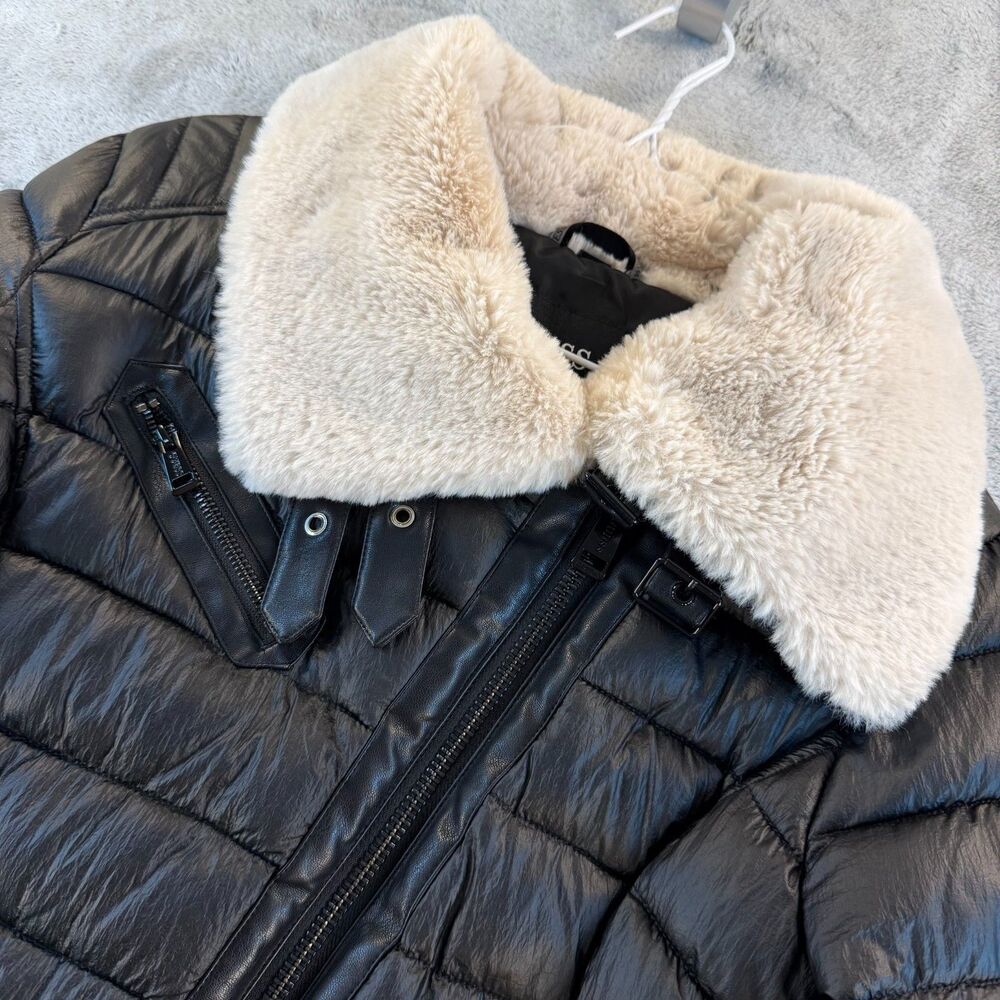 Guess Bomber Jacket Women Medium Black Faux Shearling Aviator Moto